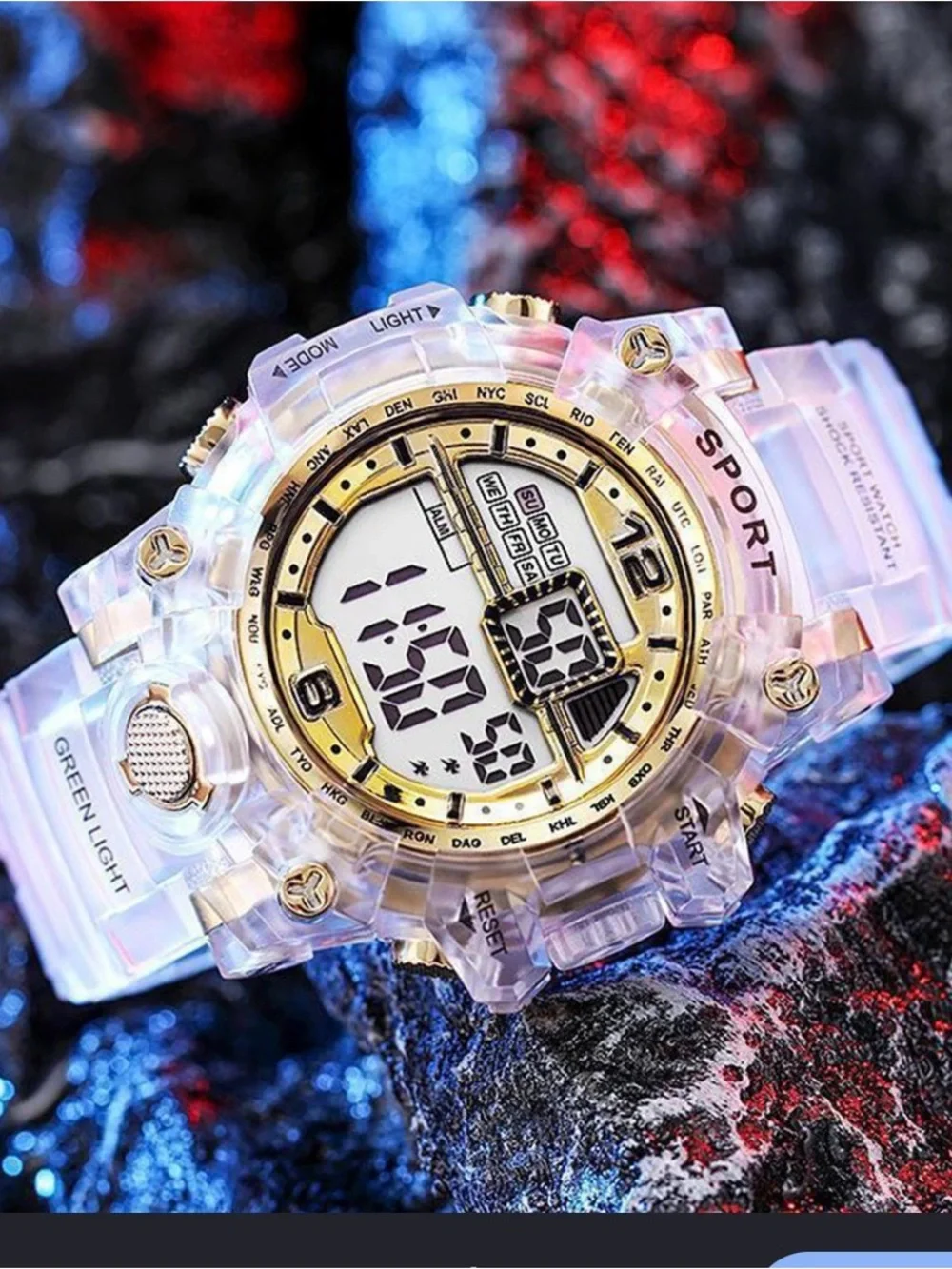 Sport Light Up Digital Utility Watch in Clear and Gold